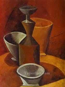  1908 Oil Painting - Carafe et gobelets 1908 Cubism